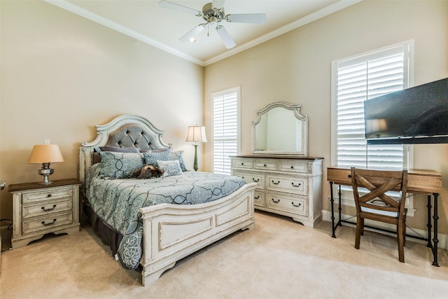 bedroom with light carpet, ceiling fan, and ornamental molding