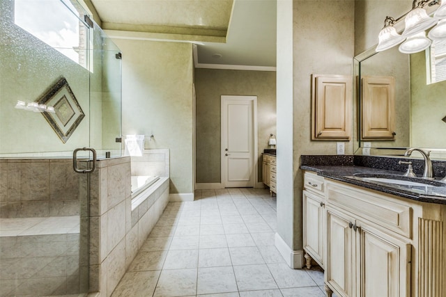 bathroom with vanity, shower with separate bathtub, crown molding, and tile patterned flooring