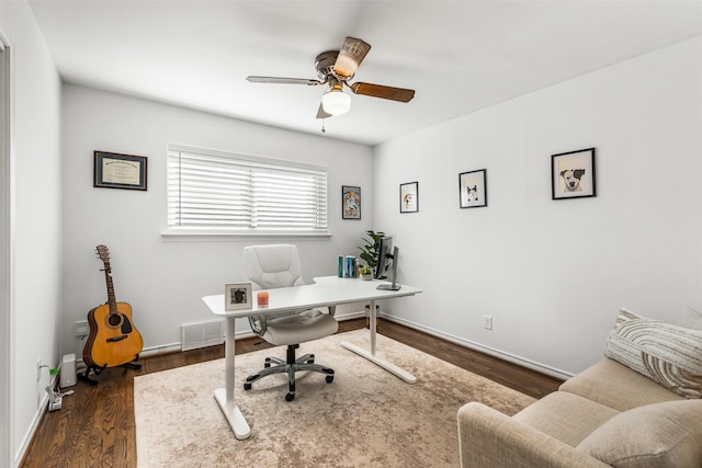 office area with ceiling fan and dark hardwood / wood-style flooring