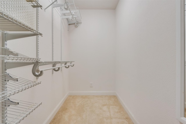 walk in closet featuring light colored carpet