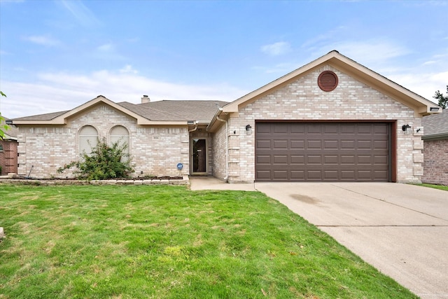8104 Jolie Dr, Fort Worth, TX 76137 - ranch-style home with brick siding, concrete driveway, a garage, a front yard, and a chimney