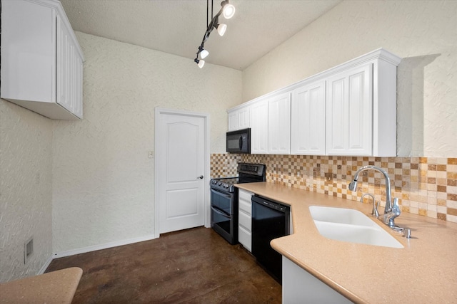 8104 Jolie Dr, Fort Worth, TX 76137 - kitchen with black appliances, a sink, decorative backsplash, finished concrete floors, and a textured wall