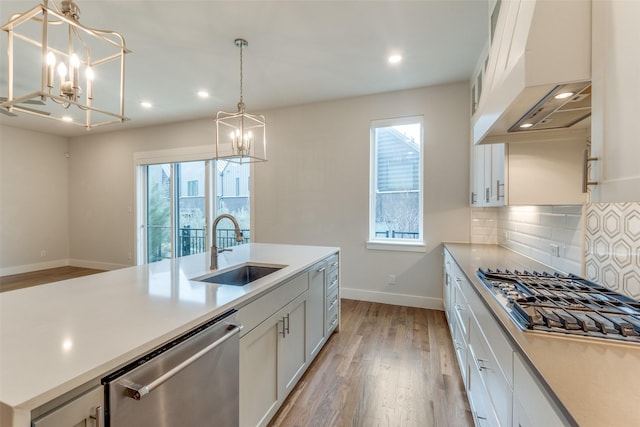 kitchen featuring white cabinetry, stainless steel appliances, tasteful backsplash, premium range hood, and sink