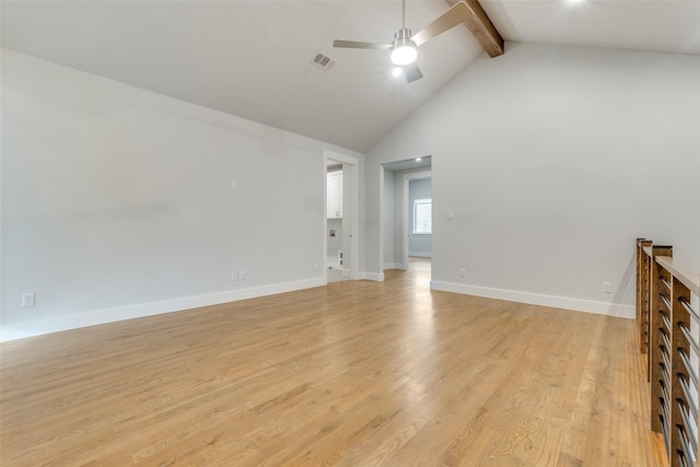 unfurnished room featuring ceiling fan, light hardwood / wood-style flooring, high vaulted ceiling, and beamed ceiling