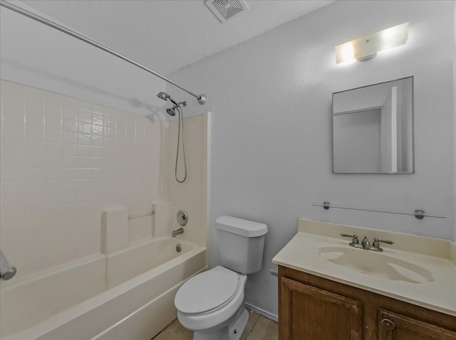 full bathroom featuring a textured ceiling, toilet, shower / tub combination, and vanity