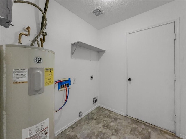 laundry room with a textured ceiling, hookup for an electric dryer, washer hookup, and water heater