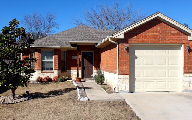 1358 Eastview St, Fort Worth, TX 76134 - ranch-style home with an attached garage, brick siding, concrete driveway, roof with shingles, and stone siding