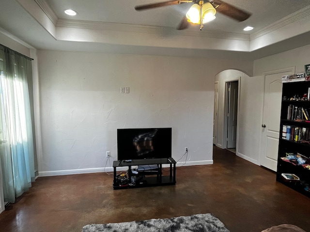 1358 Eastview St, Fort Worth, TX 76134 - living room with a raised ceiling, arched walkways, concrete flooring, crown molding, and ceiling fan