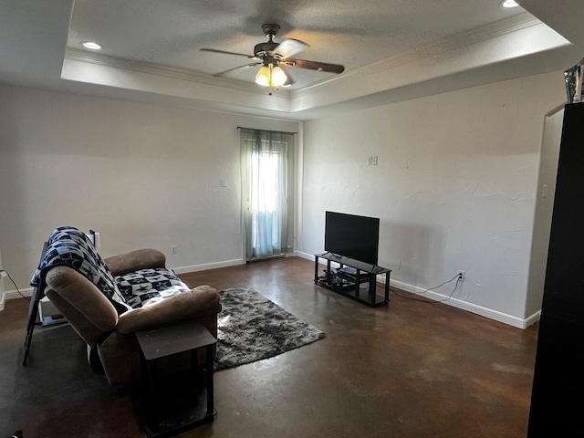 1358 Eastview St, Fort Worth, TX 76134 - living room with a raised ceiling, ornamental molding, ceiling fan, concrete floors, and recessed lighting