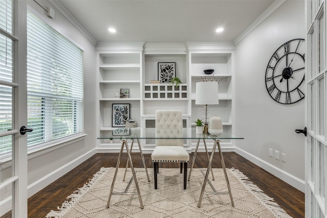 7800 Glenoaks Dr, Frisco, TX 75034 - office area with hardwood / wood-style flooring, built in features, and ornamental molding