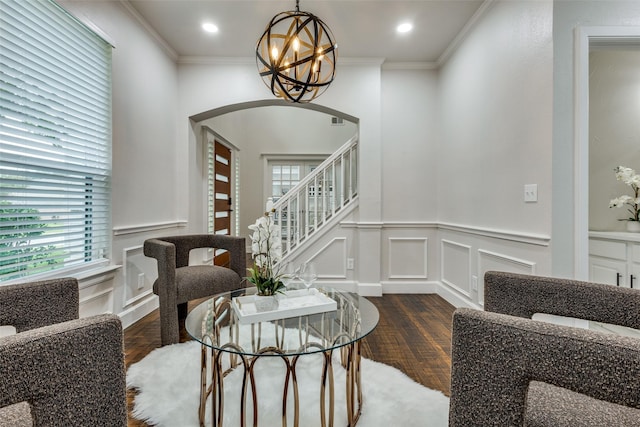 7800 Glenoaks Dr, Frisco, TX 75034 - sitting room with dark wood-type flooring, crown molding, and a notable chandelier