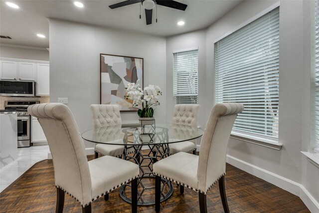 7800 Glenoaks Dr, Frisco, TX 75034 - dining area featuring ceiling fan, a wealth of natural light, and ornamental molding