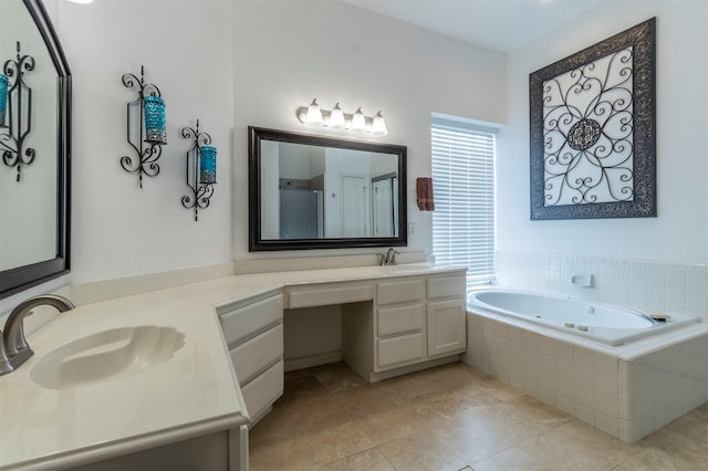 bathroom featuring tile patterned floors, vanity, and plus walk in shower