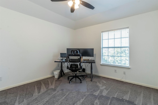 office with ceiling fan and carpet flooring