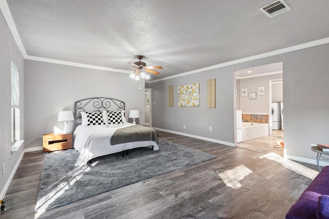 bedroom with ceiling fan, ornamental molding, connected bathroom, and multiple windows