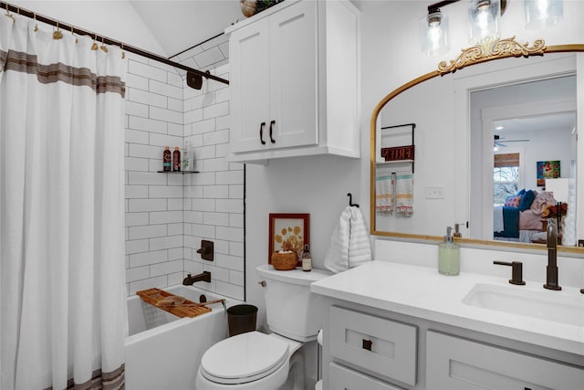 full bathroom with toilet, vanity, ceiling fan, vaulted ceiling, and shower / bath combo