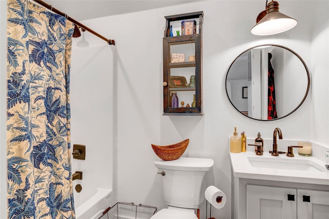 full bathroom with toilet, vanity, and shower / bath combination with curtain