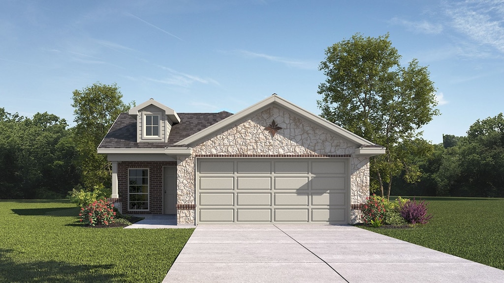 view of front of property featuring a front lawn and a garage