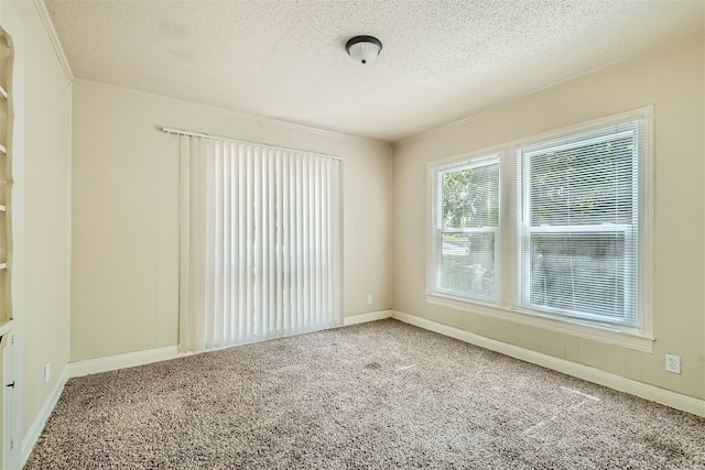 unfurnished room with carpet and a textured ceiling