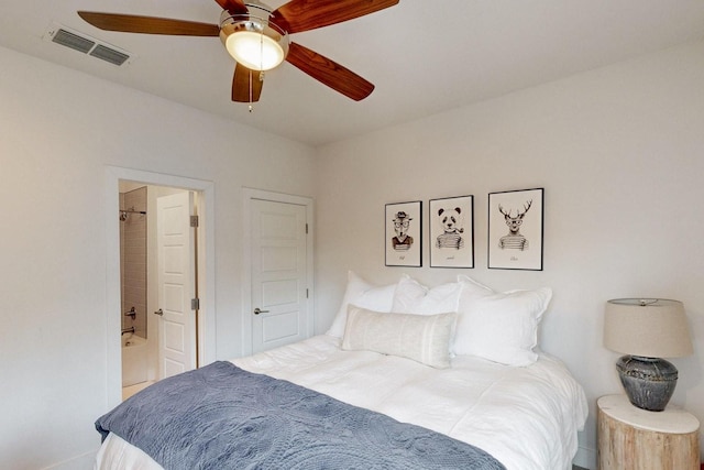 bedroom with ceiling fan and ensuite bathroom