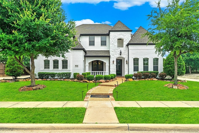 french country home featuring brick siding, a shingled roof, and a front lawn