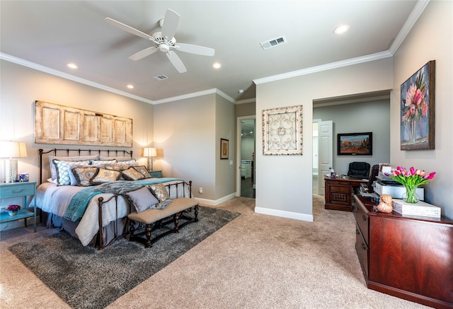 carpeted bedroom with crown molding and ceiling fan