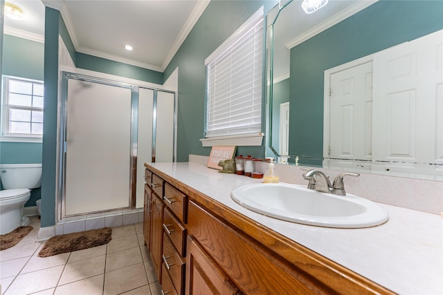 bathroom with ornamental molding, vanity, walk in shower, toilet, and tile patterned floors