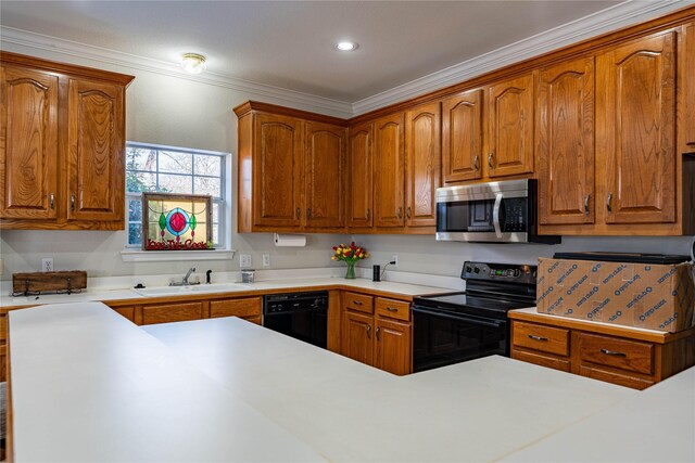 kitchen featuring ornamental molding, sink, and black appliances