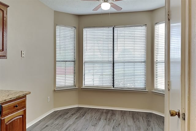 unfurnished dining area with ceiling fan, a textured ceiling, and light wood-type flooring