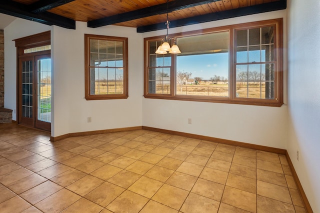 tiled empty room with a chandelier, beamed ceiling, and wooden ceiling