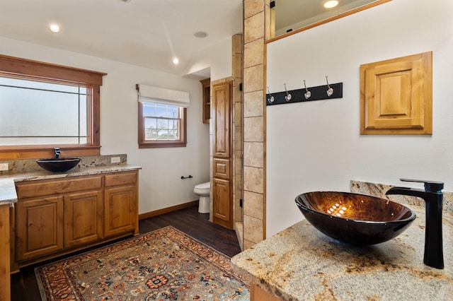 bathroom with toilet, vanity, and hardwood / wood-style floors