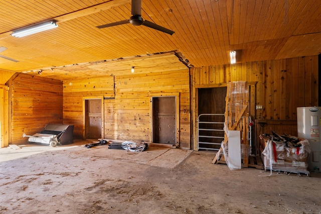 interior space featuring water heater, wood walls, and ceiling fan