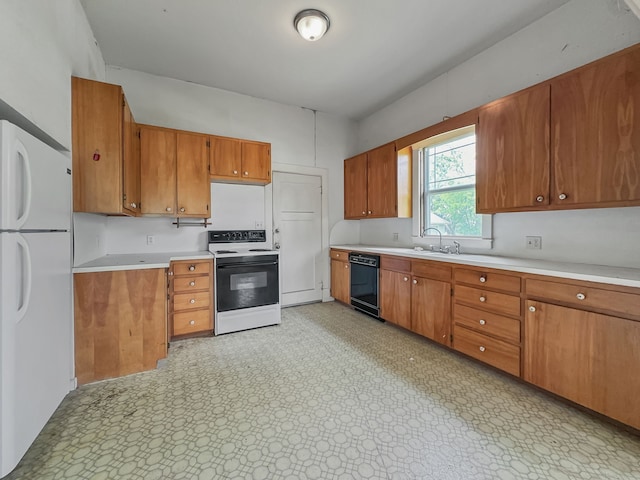 kitchen featuring brown cabinetry, freestanding refrigerator, electric range, light countertops, and dishwasher