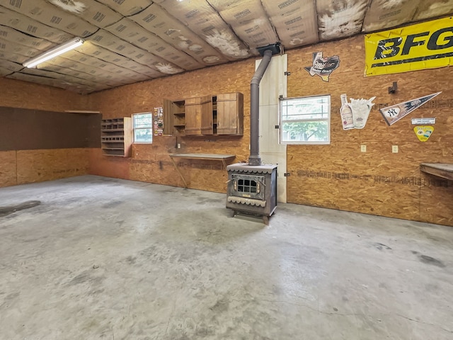garage featuring a wood stove