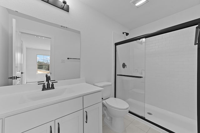 bathroom featuring toilet, a stall shower, tile patterned flooring, and visible vents