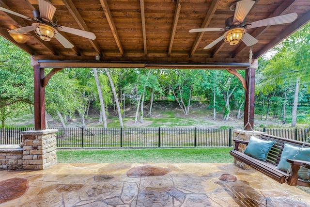 view of patio / terrace featuring ceiling fan and a fenced backyard