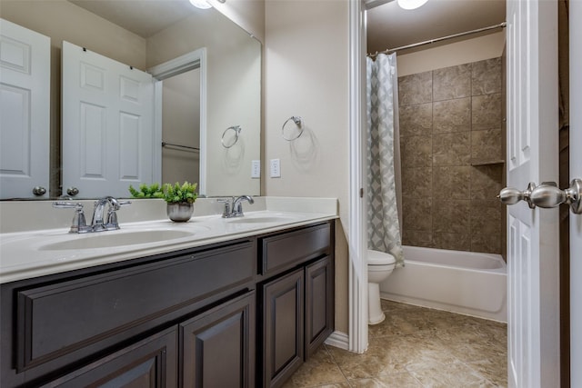 full bath featuring double vanity, a sink, toilet, and shower / tub combo with curtain