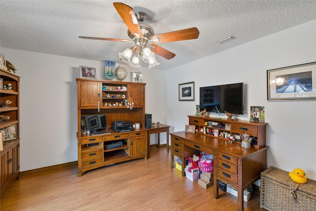 office area featuring ceiling fan, light hardwood / wood-style floors, and a textured ceiling