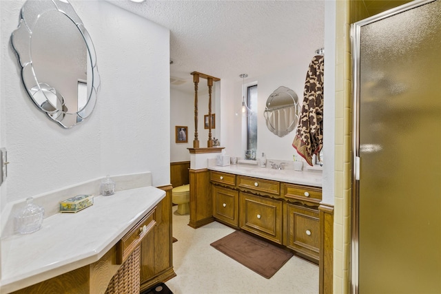 bathroom with vanity, toilet, a shower with door, and a textured ceiling