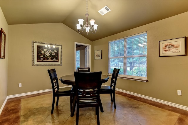 dining space featuring vaulted ceiling, tile patterned flooring, and a notable chandelier