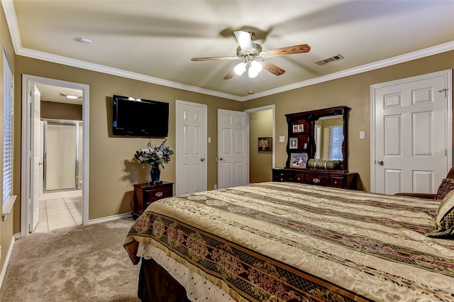 bedroom with ceiling fan, light carpet, and ornamental molding