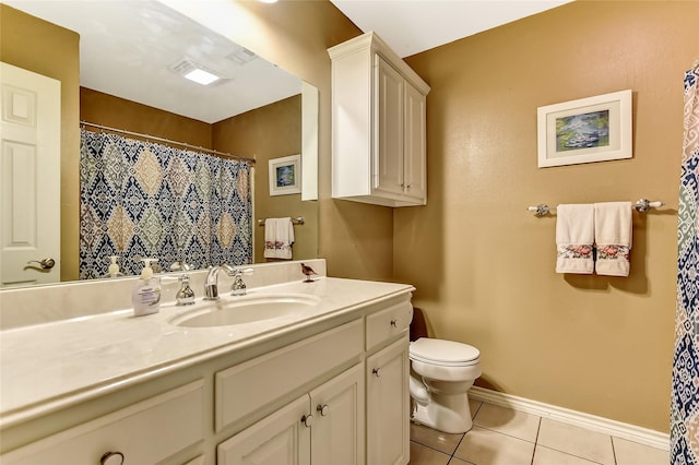 bathroom with toilet, tile patterned flooring, and vanity