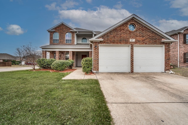 view of property featuring a garage, central AC, and a front lawn