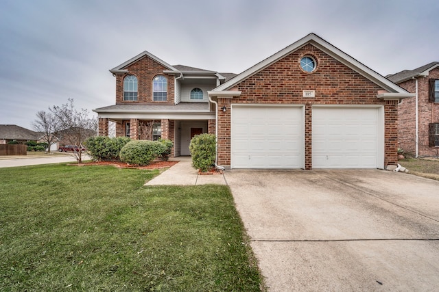 view of property with a garage, central air condition unit, and a front lawn