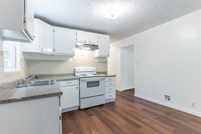 kitchen featuring dark hardwood / wood-style floors, sink, white electric stove, a textured ceiling, and white cabinets