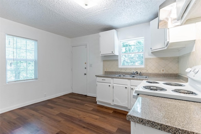 kitchen featuring white cabinets, white electric range, extractor fan, sink, and dark hardwood / wood-style floors