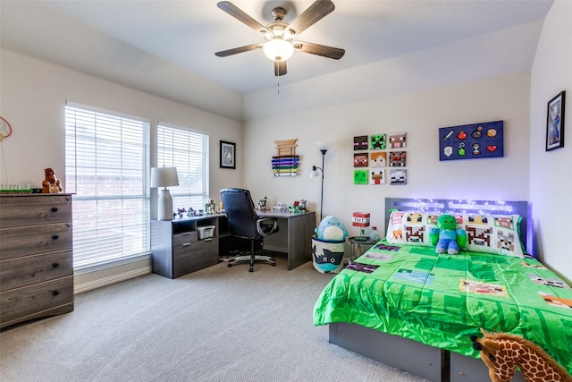 bedroom with ceiling fan and carpet