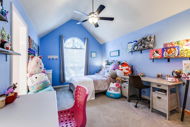 bedroom featuring ceiling fan, lofted ceiling, and light colored carpet