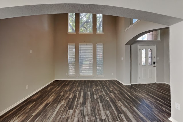 entrance foyer with a towering ceiling and dark hardwood / wood-style flooring