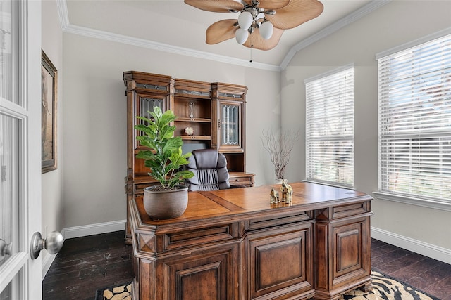 home office featuring ceiling fan, a wealth of natural light, dark hardwood / wood-style floors, and crown molding